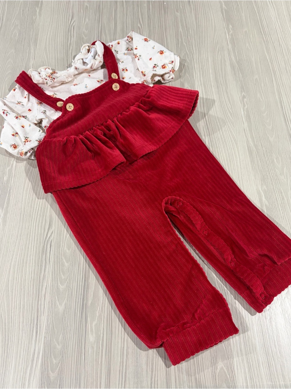 Laura Ashley Baby Red Corduroy Ruffled Overalls with Floral Shirt 6-9 Months